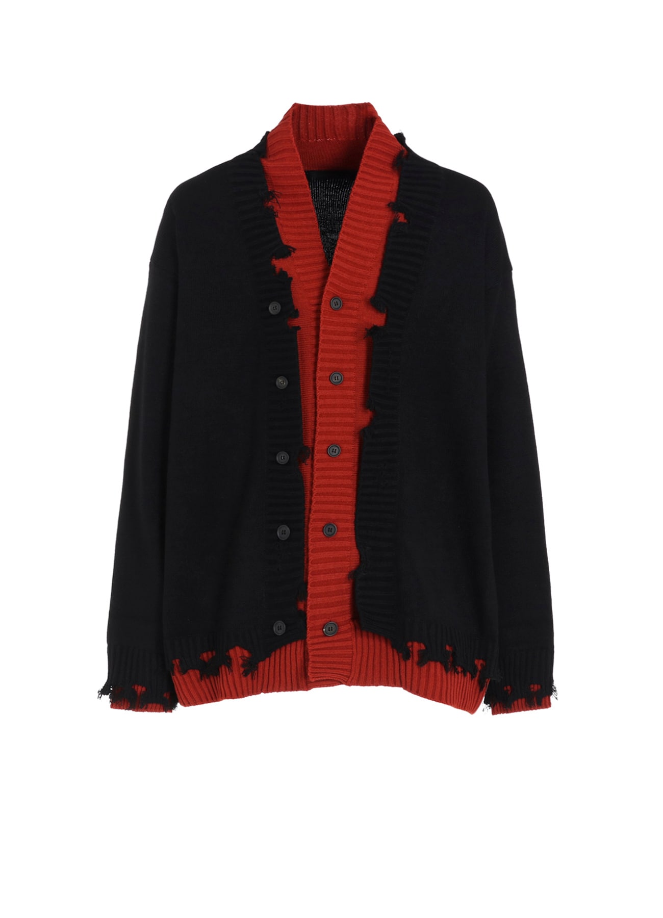 CORPILON BULKY WOOL COLOR-BLOCKED DAMAGE CARDIGAN(M Black x Terra