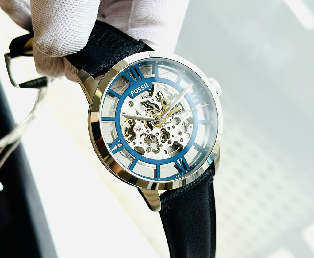 Fossil Townsman Automatic Skeleton Blue Dial Black Leather Strap