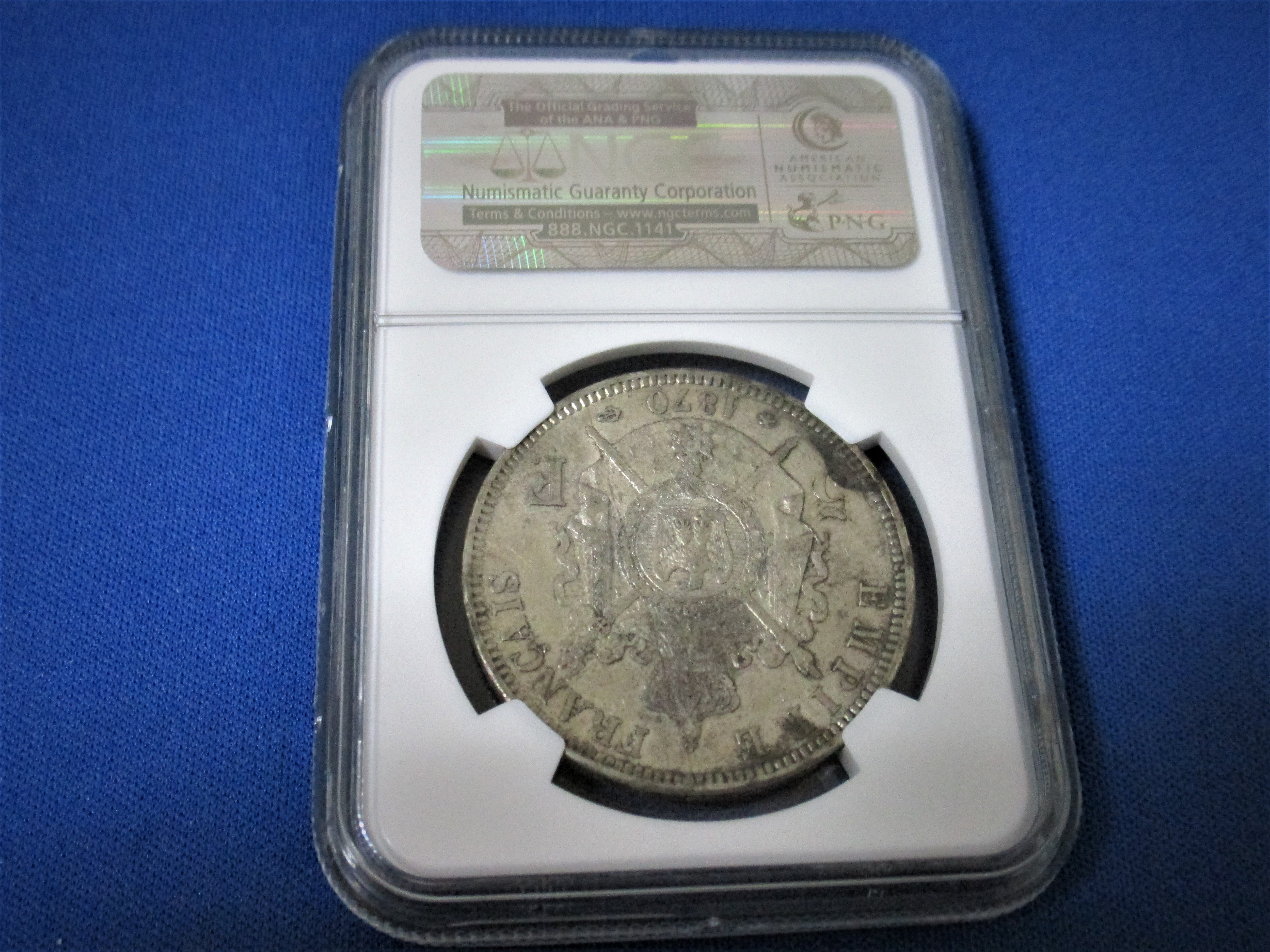 フランス 1870年A ナポレオン3世 月桂冠 5フラン銀貨【NGC AU50