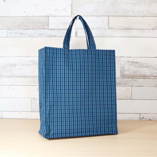 ファミリア風 ブルーグリーンチェック ネイビー 紙袋型トートバッグ
