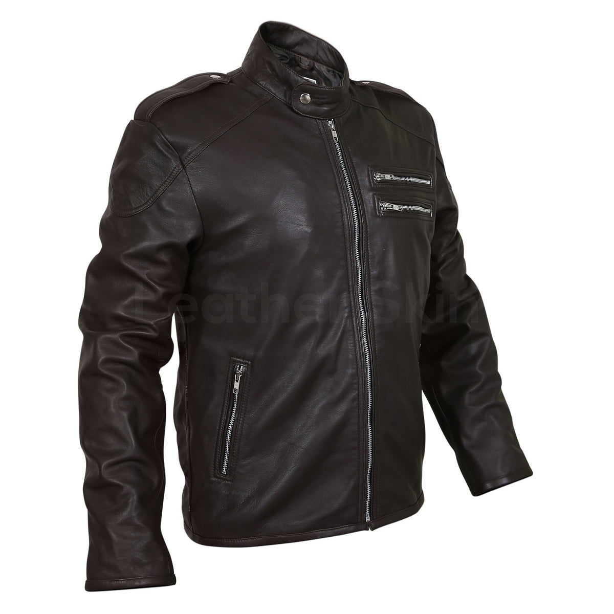 Men Black Genuine Leather Jacket with Double zippers on chest